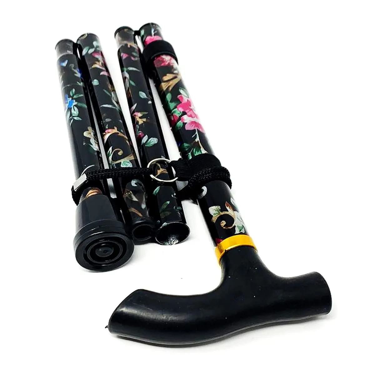 Folding Walking Stick, Floral Black - Image 4