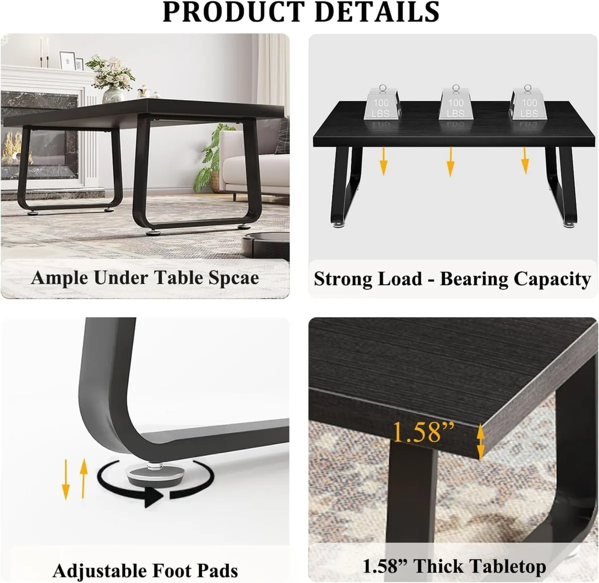 Black Coffee Table Industrial Wood and Metal Legs - Image 3