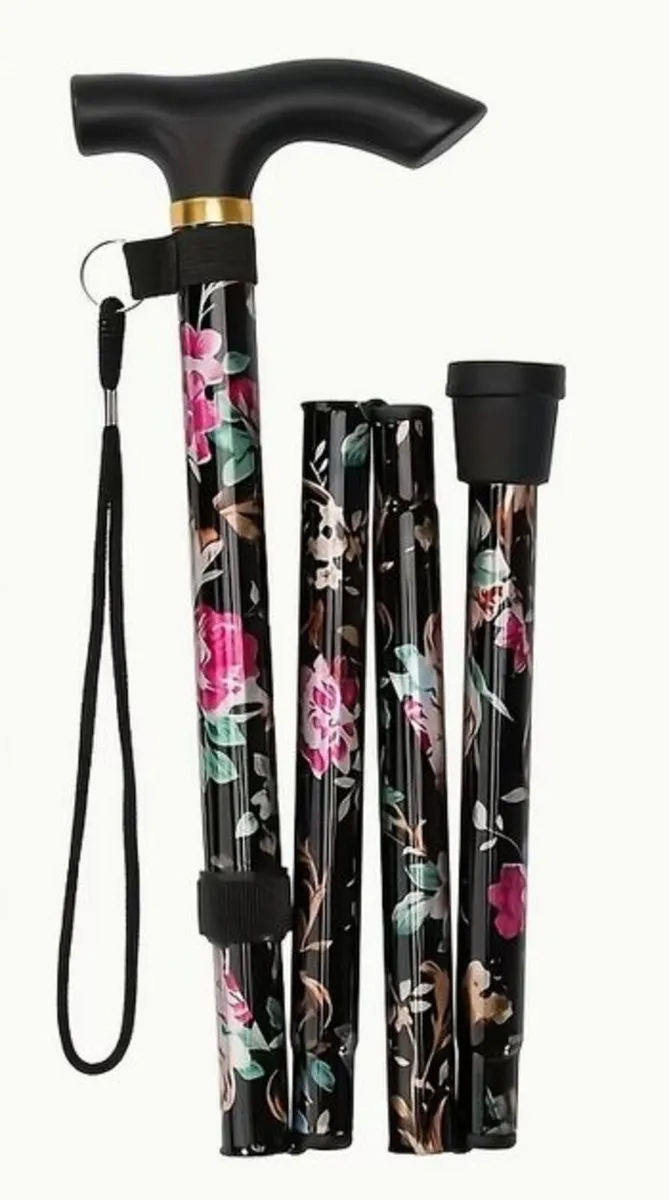 Folding Walking Stick, Floral Black - Image 1