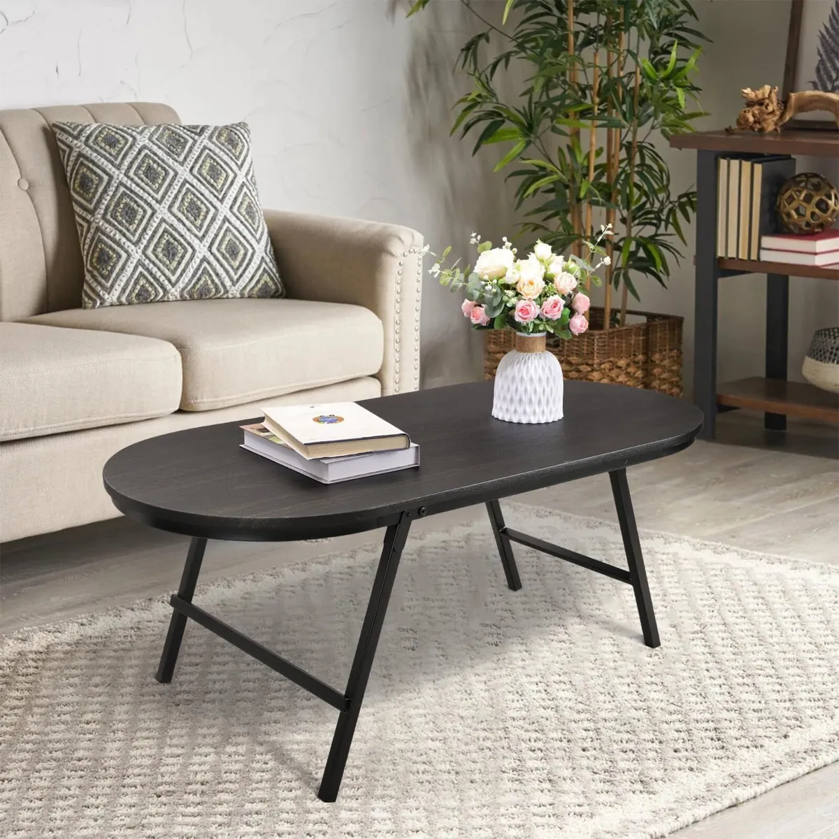 Small Oval Coffee Table Wood and Metal Folding - Image 2