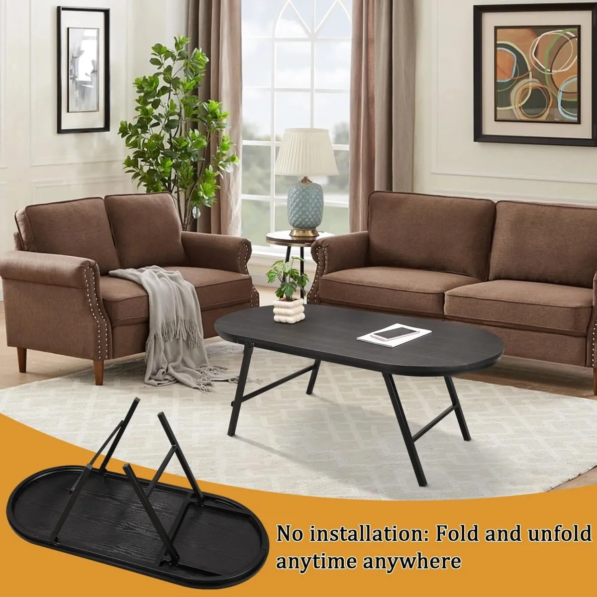 Small Oval Coffee Table Wood and Metal Folding - Image 3