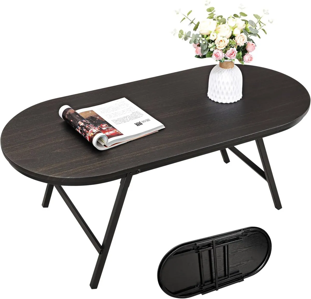 Small Oval Coffee Table Wood and Metal Folding - Image 1