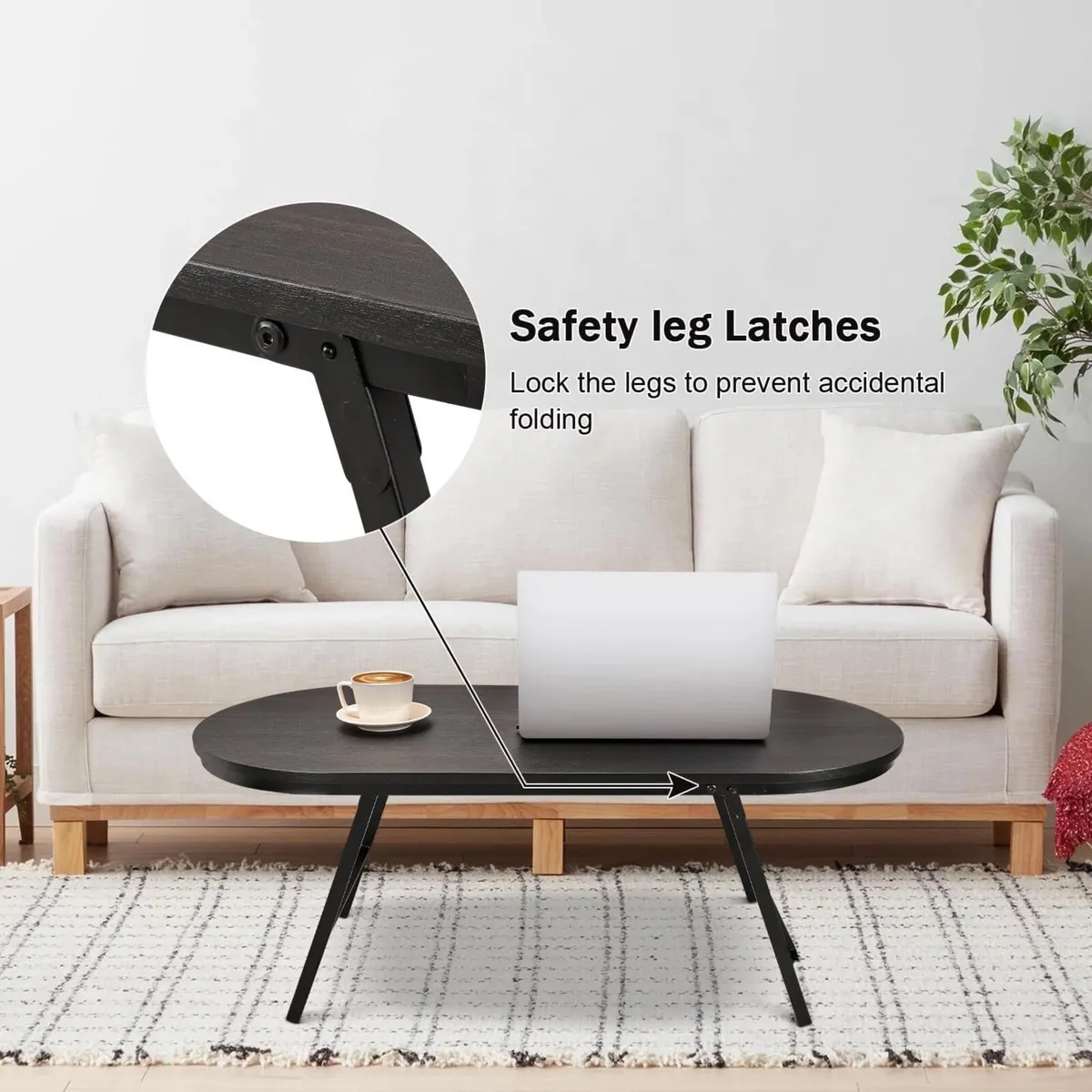 Small Oval Coffee Table Wood and Metal Folding - Image 4