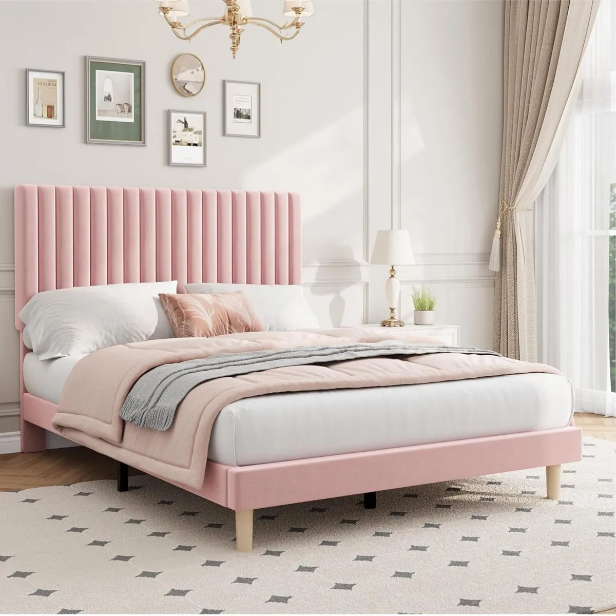 Full Bed Frame with Adjustable Headboard Velvet - Image 1