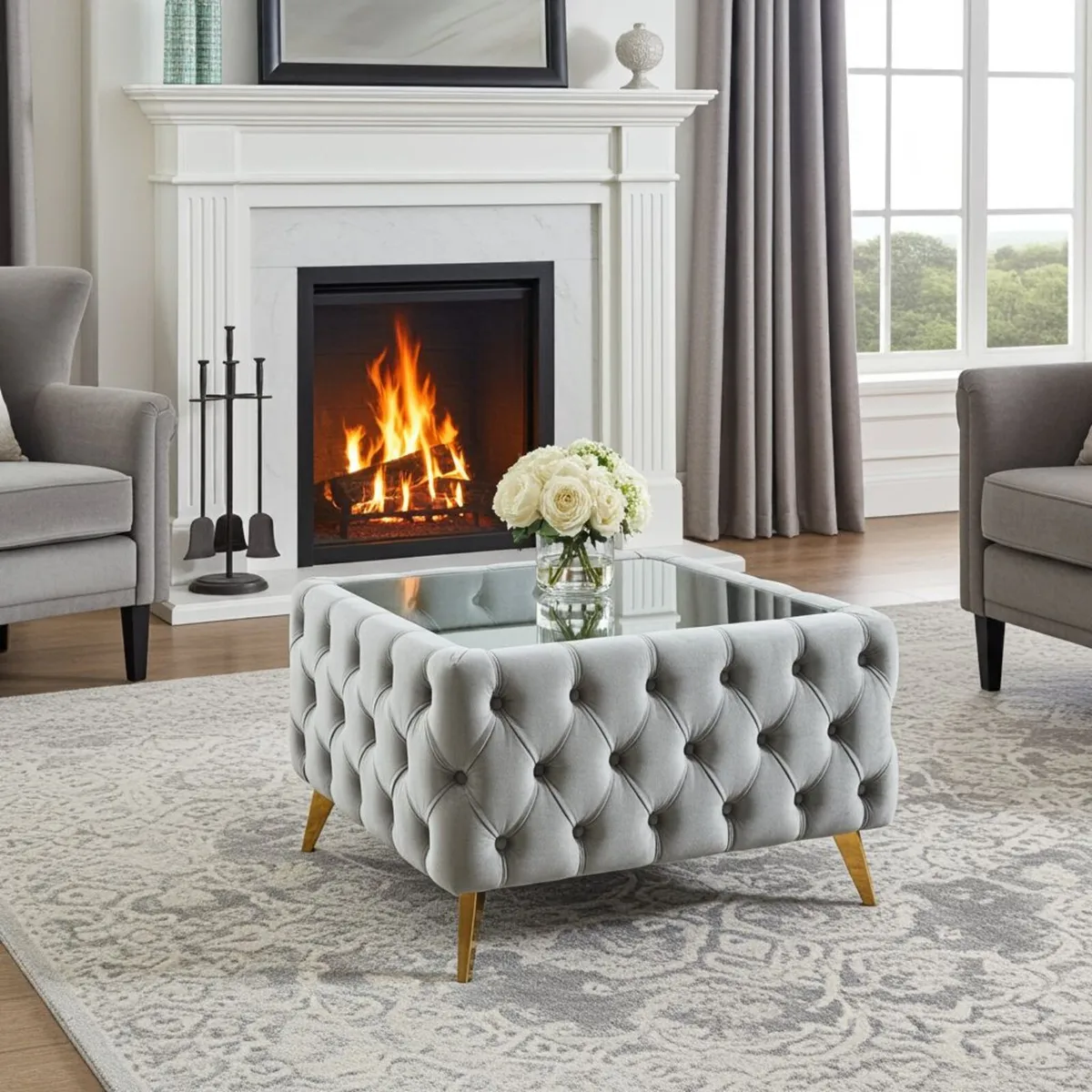 Chesterfield Velvet Square Coffee Table with Glass - Image 2