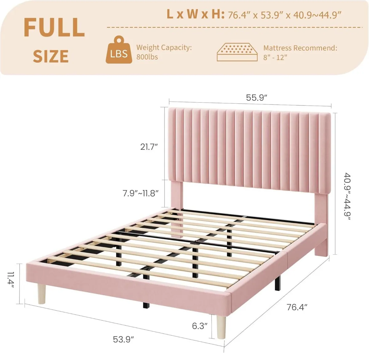 Full Bed Frame with Adjustable Headboard Velvet - Image 2