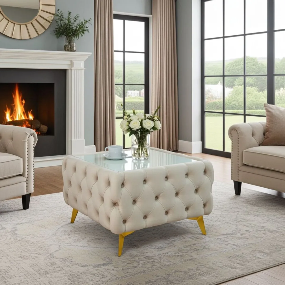 Chesterfield Velvet Square Coffee Table with Glass - Image 3