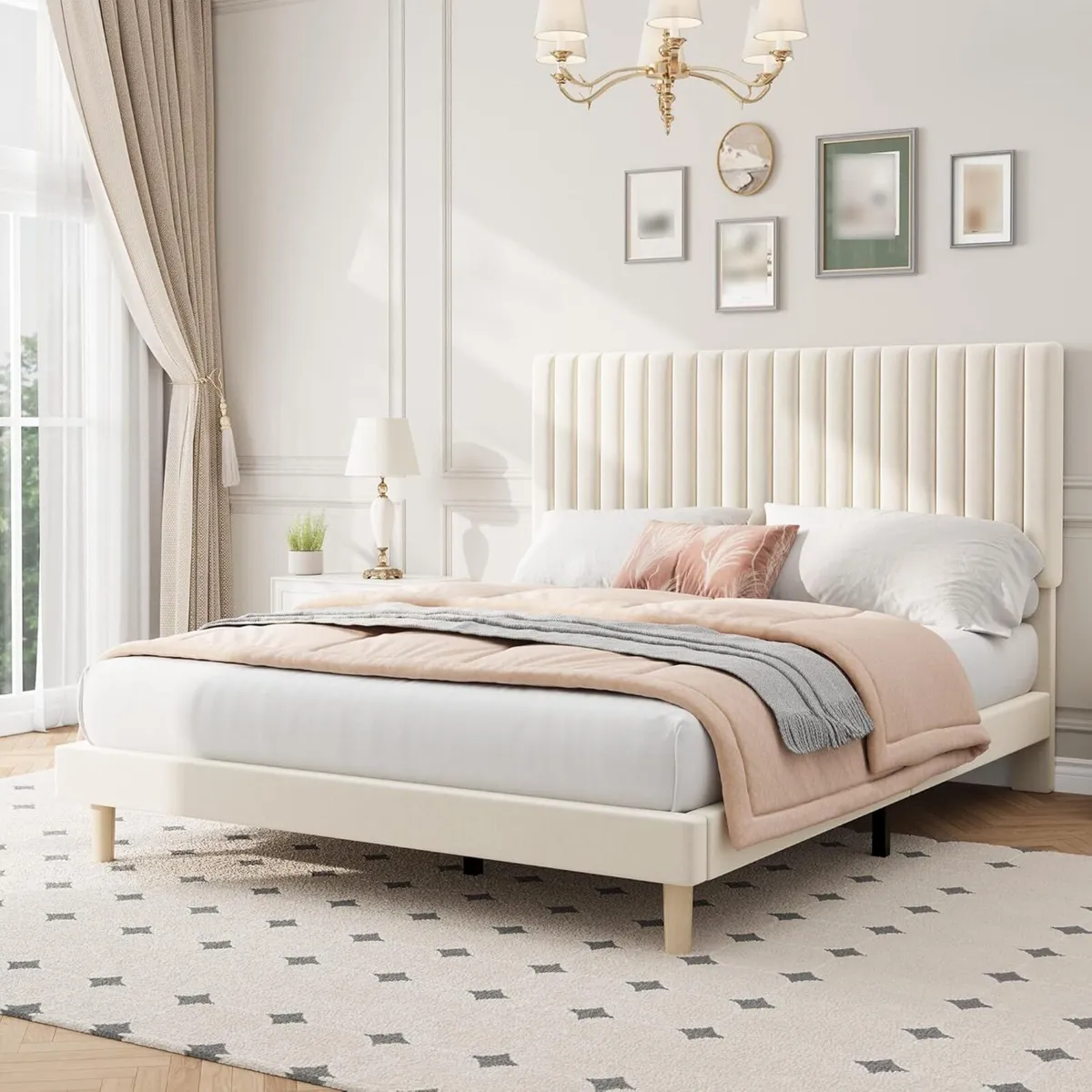 Full Bed Frame with Adjustable Headboard Velvet - Image 1