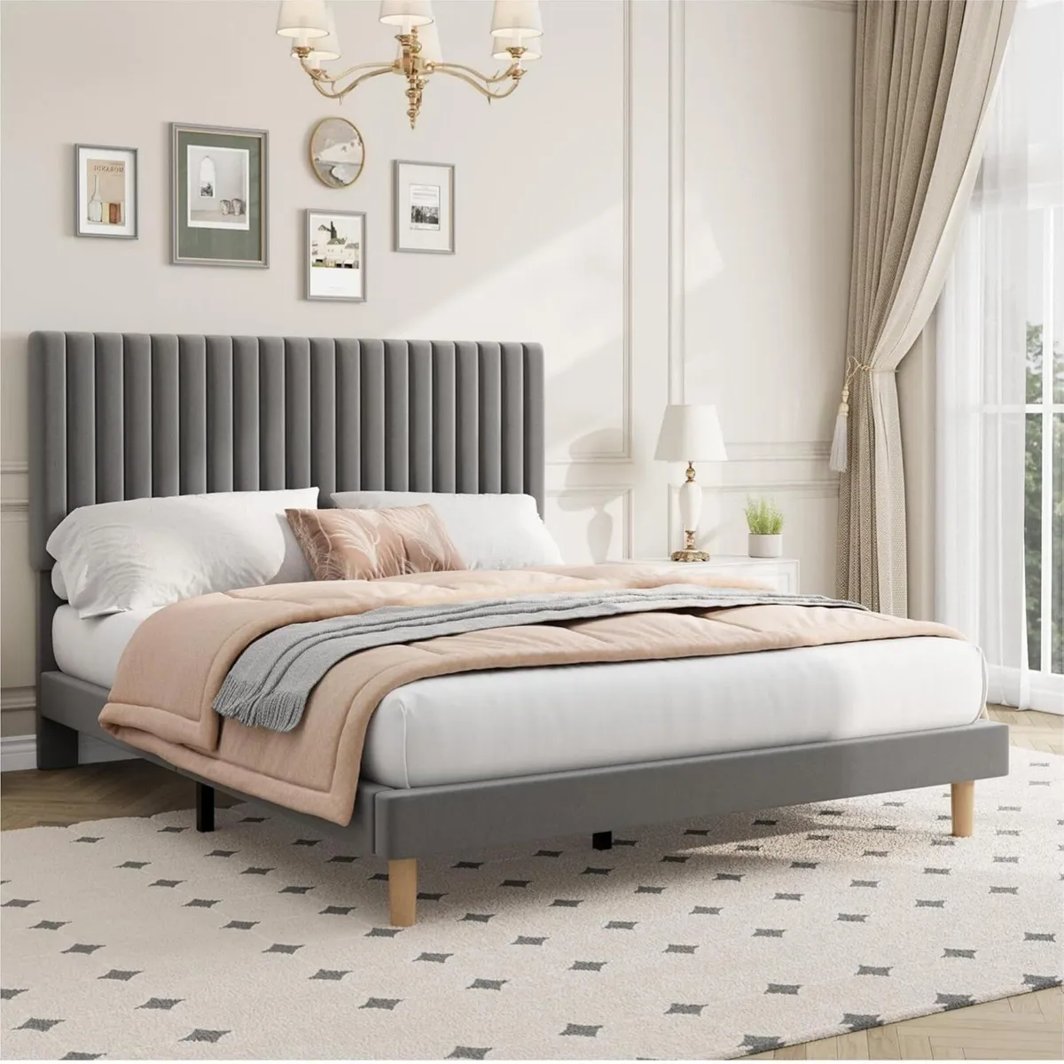 Full Bed Frame with Adjustable Headboard Velvet - Image 1