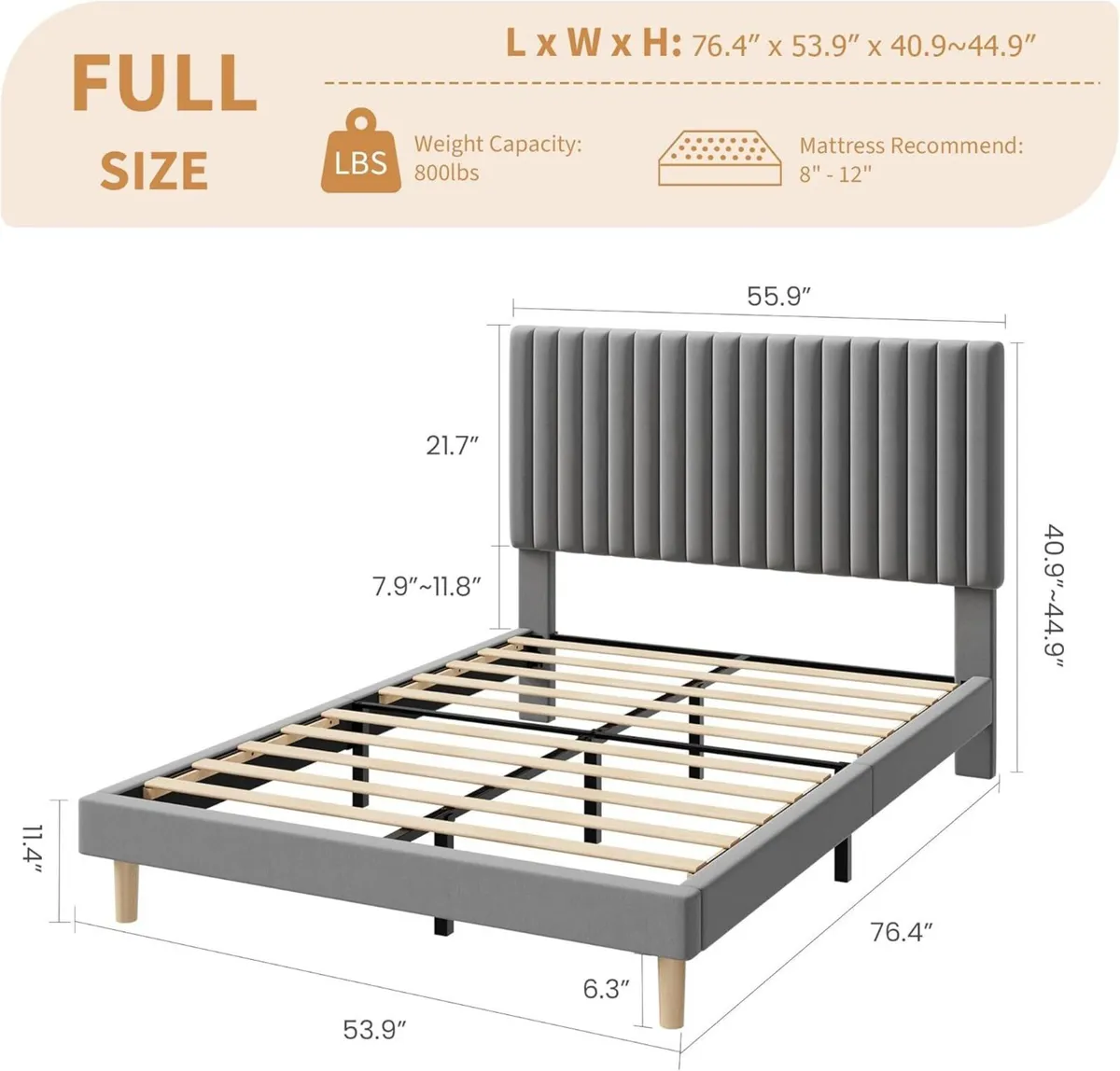 Full Bed Frame with Adjustable Headboard Velvet - Image 2