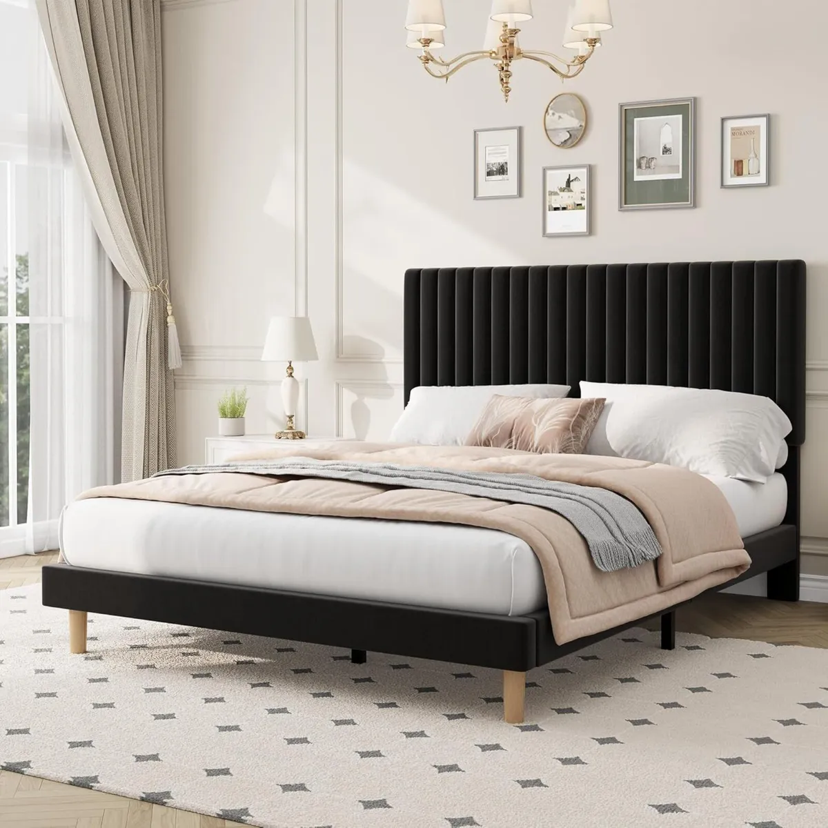 Full Bed Frame with Adjustable Headboard Velvet - Image 1