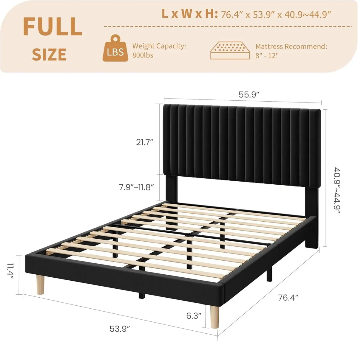 Full Bed Frame with Adjustable Headboard Velvet - Image 2