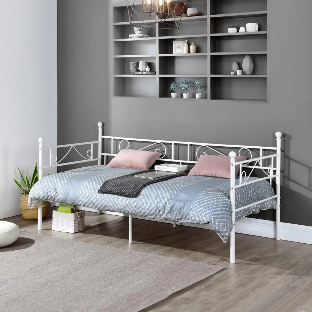Day Bed Frame 90 x 200 cm Metal White Scandinavian - Image 3
