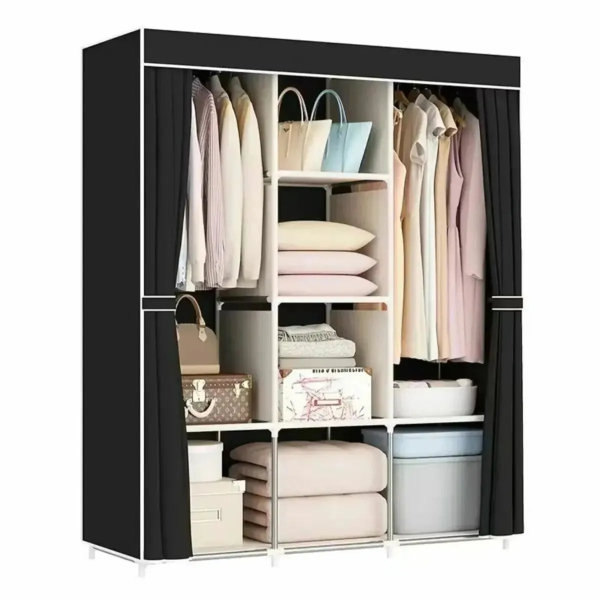 Metal Frame Wardrobe Cabinet with Hanging Rods - Image 2