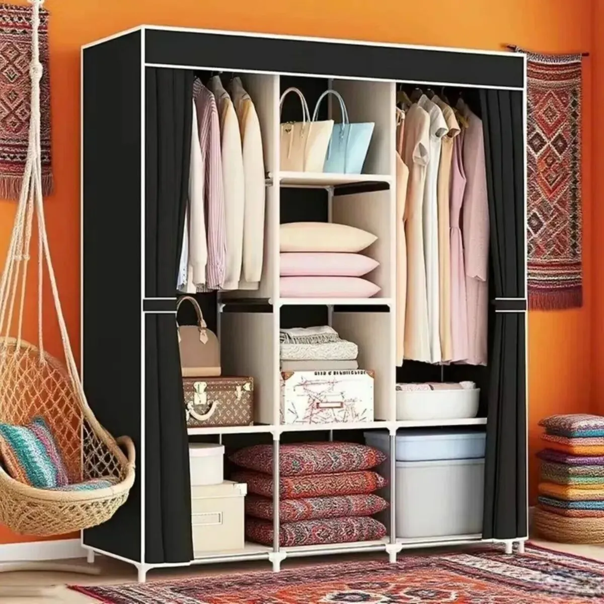 Metal Frame Wardrobe Cabinet with Hanging Rods - Image 4