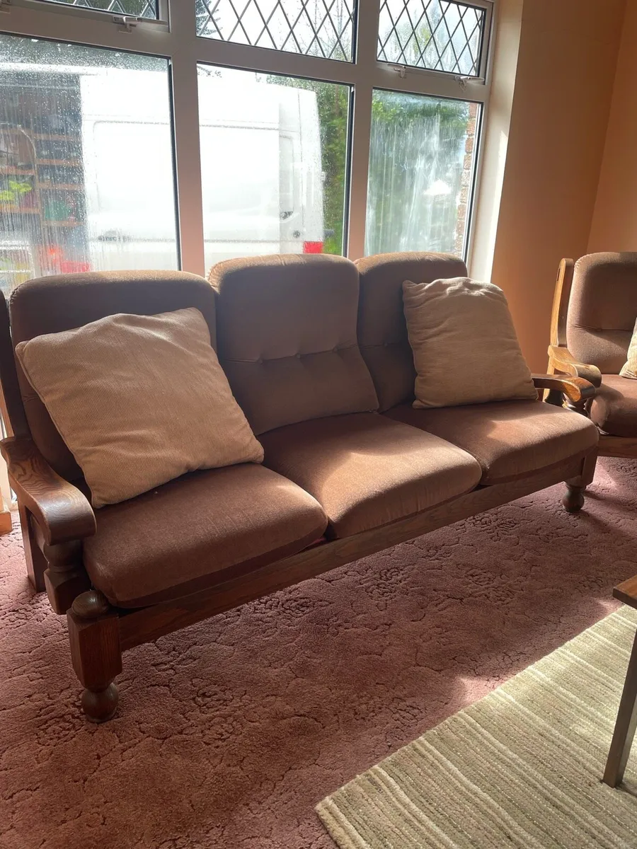 Solid Oak wood 3 seater sofa and 2 armchairs - Image 1