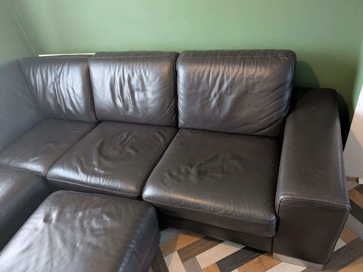 Large Brown Leather Sofa with Footstool - Image 3