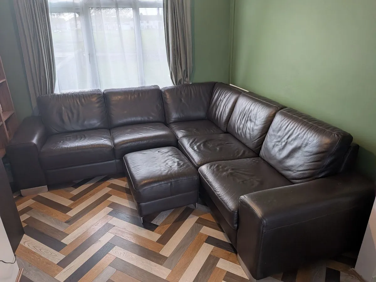 Large Brown Leather Sofa with Footstool - Image 1