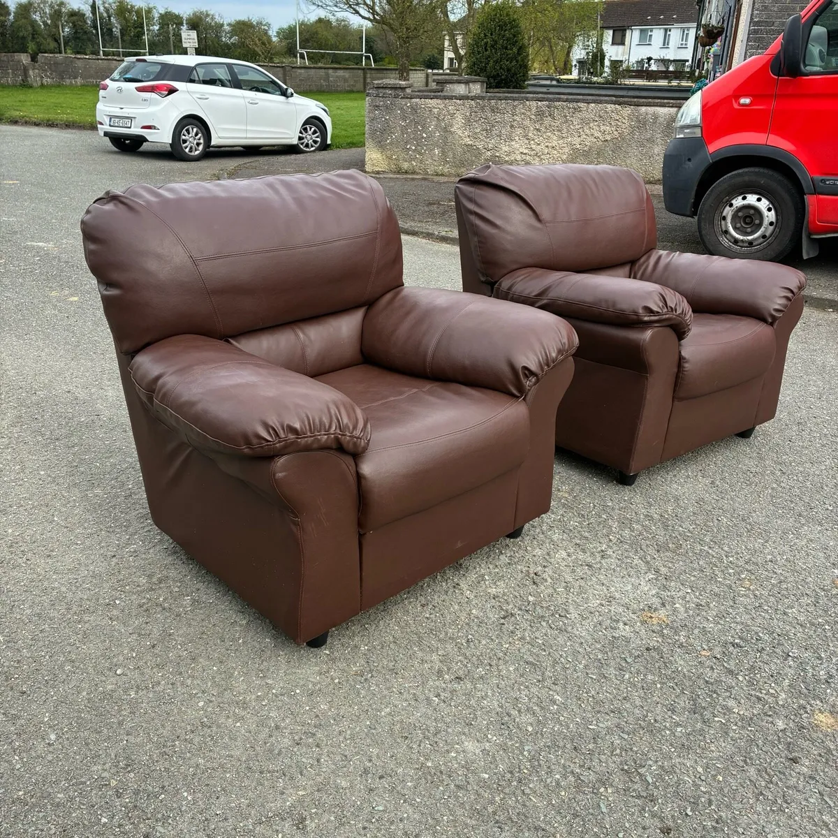 Two Brown Leather Armchairs  €80 each or both €140 - Image 1