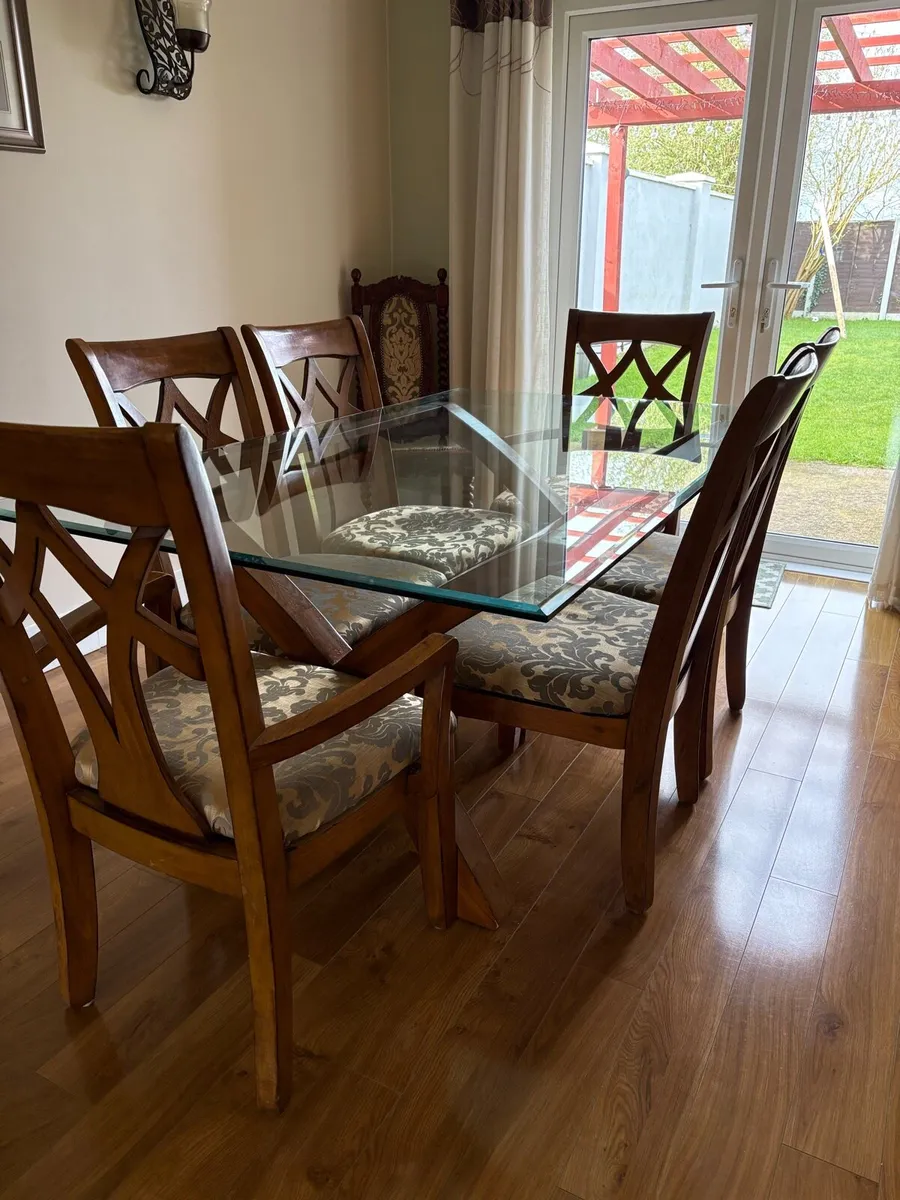 Solid Wood Dining Table with Glass Top + 6 Chairs - Image 1