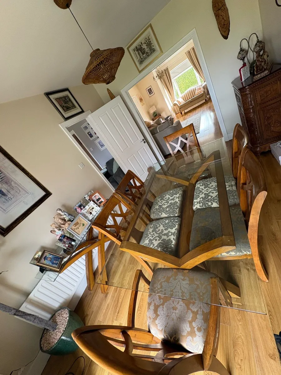 Solid Wood Dining Table with Glass Top + 6 Chairs - Image 2