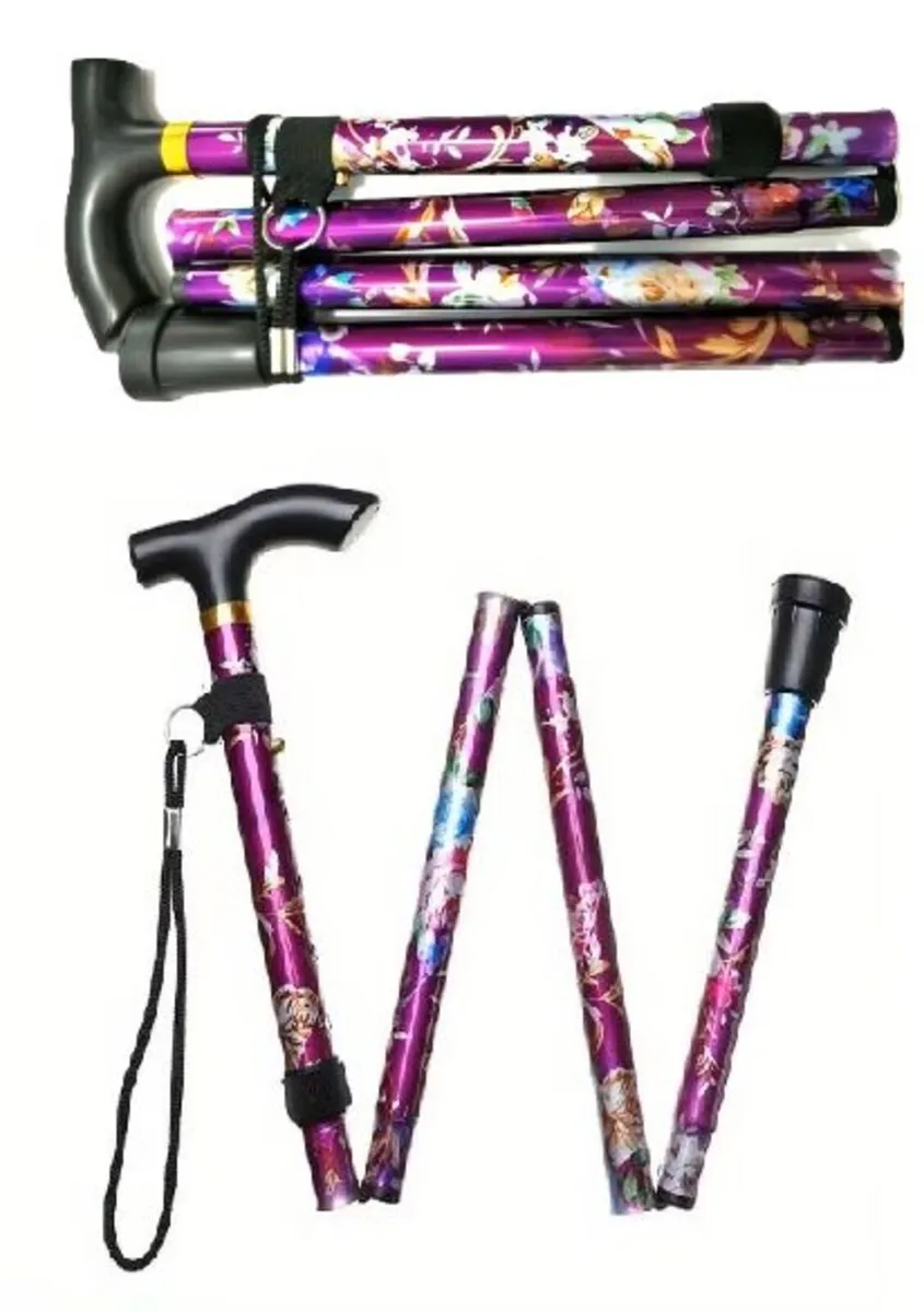 Folding Walking Stick, Purple Floral - Image 2