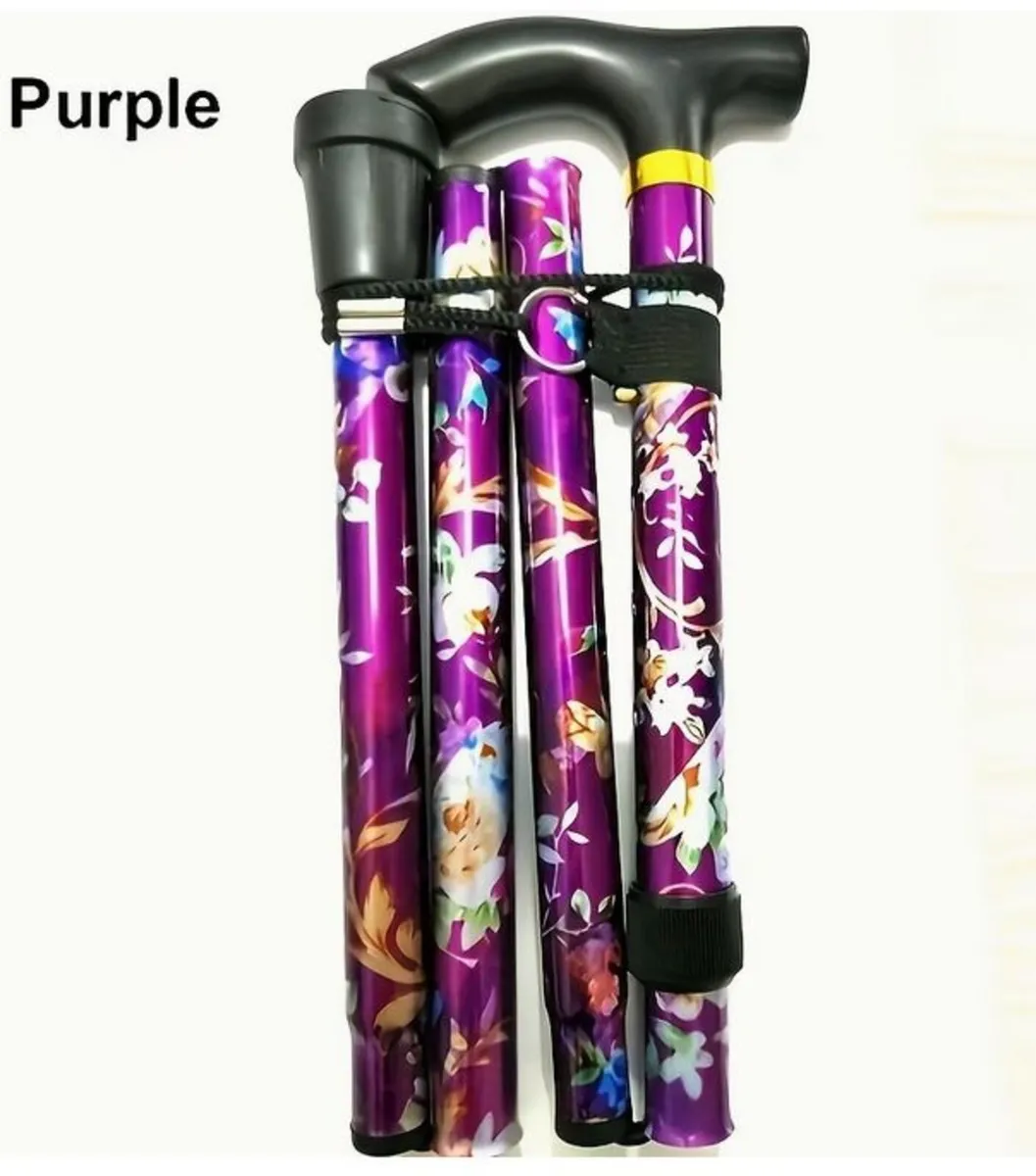 Folding Walking Stick, Purple Floral - Image 1