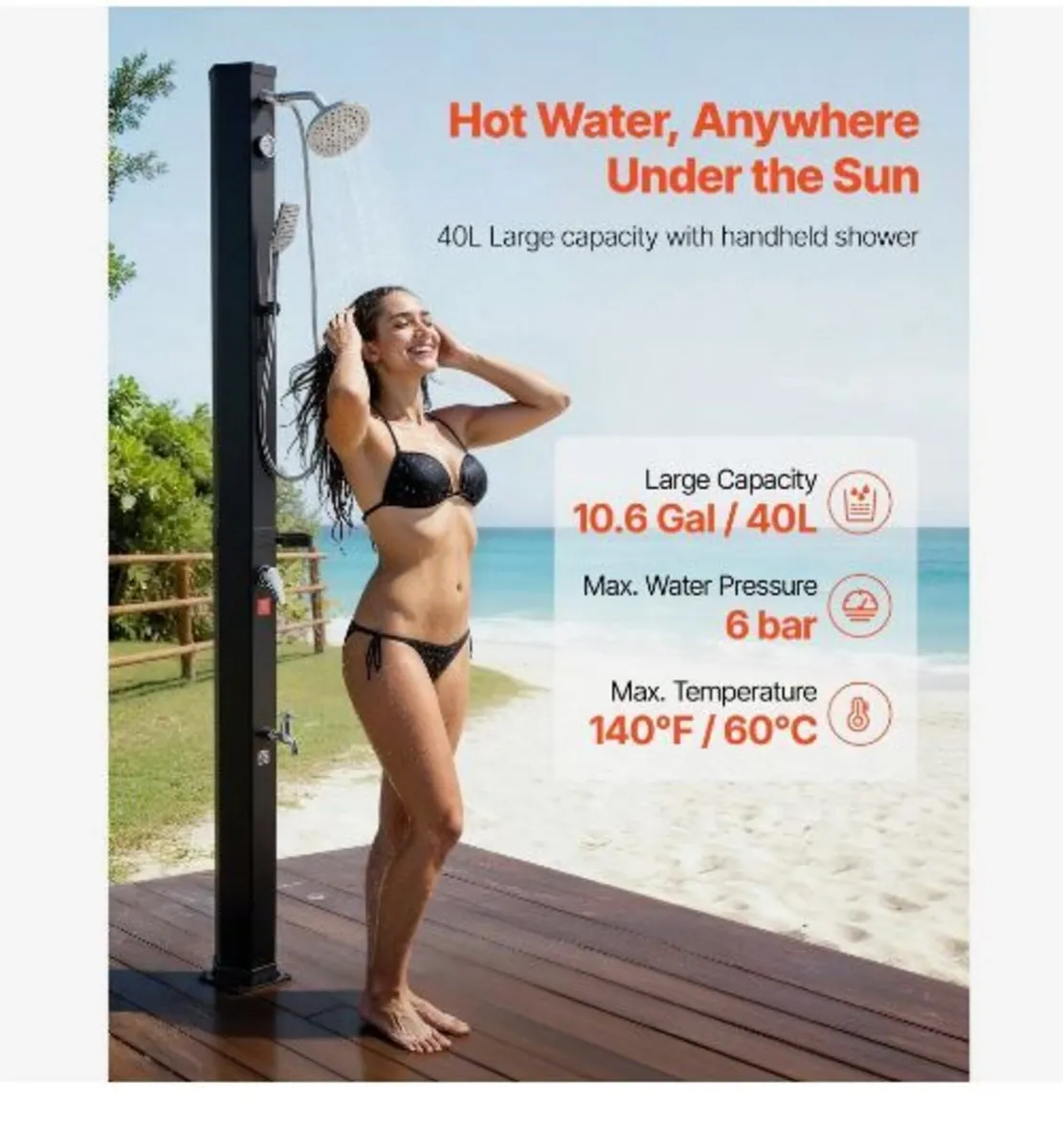 40L Solar Heated Shower, 205cm - Image 2