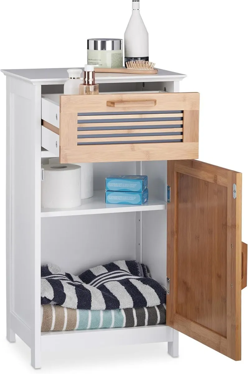 Narrow Bathroom Cabinet Drawer Natural Look - Image 1