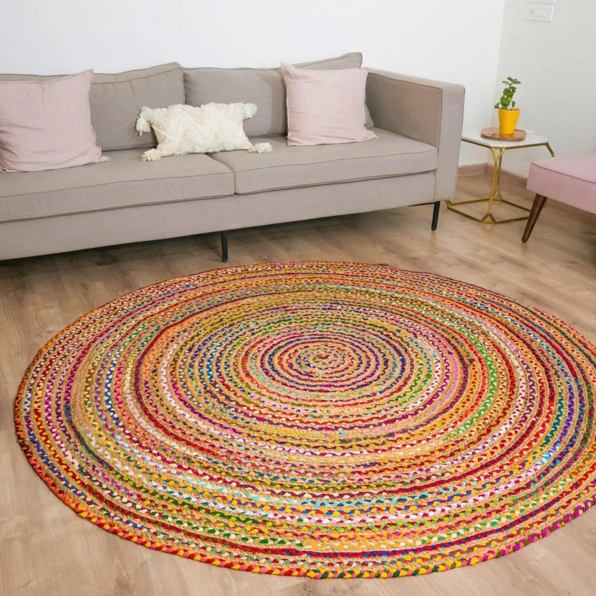 Handmade Chindi Jute Braid Rag Rug Round Multicolo - Image 2