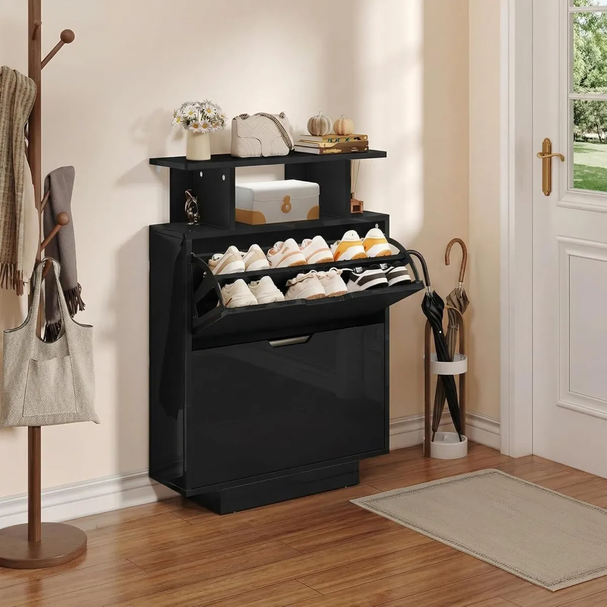 Shoe Storage Cabinet High Gloss Slim Black Space - Image 1