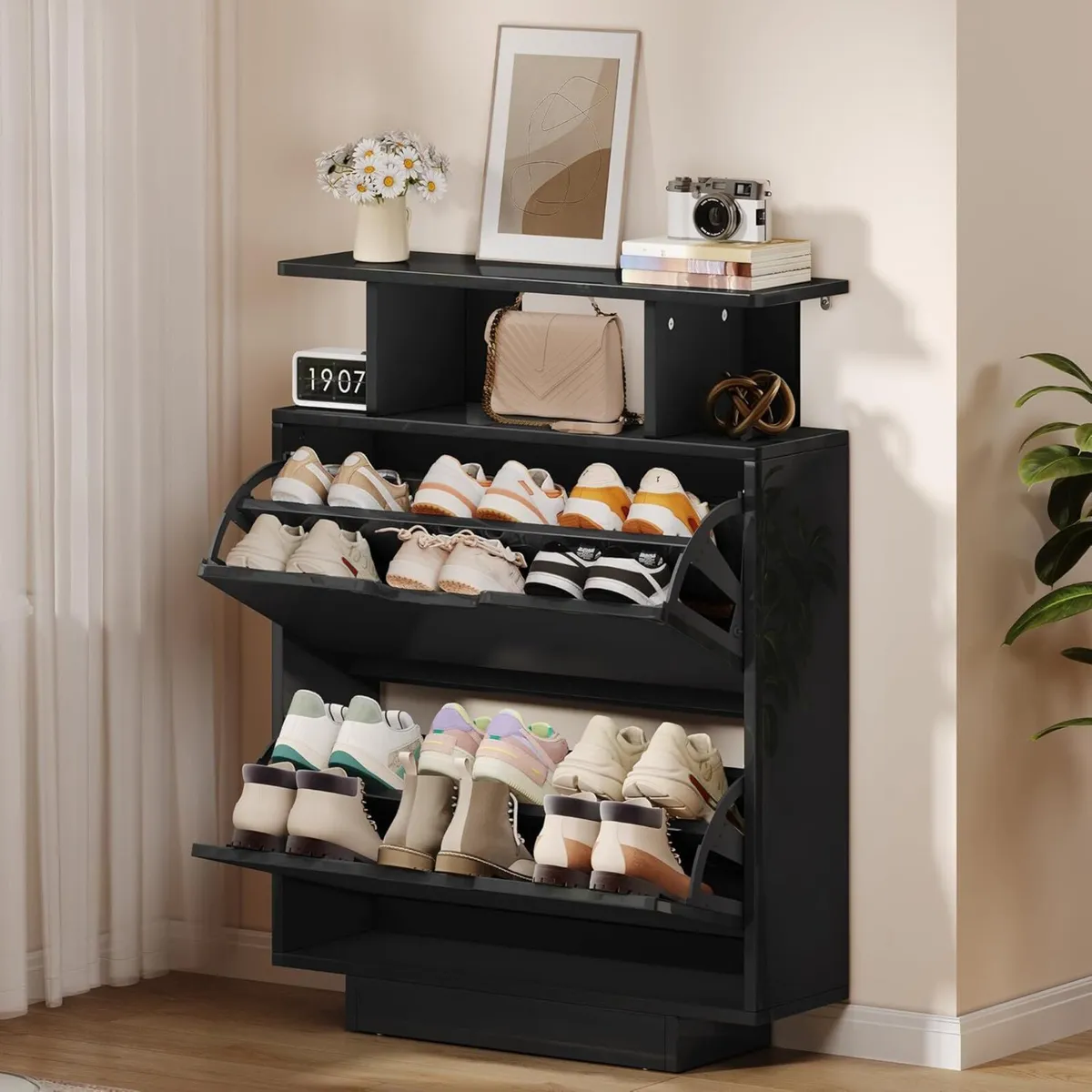 Shoe Storage Cabinet High Gloss Slim Black Space - Image 3