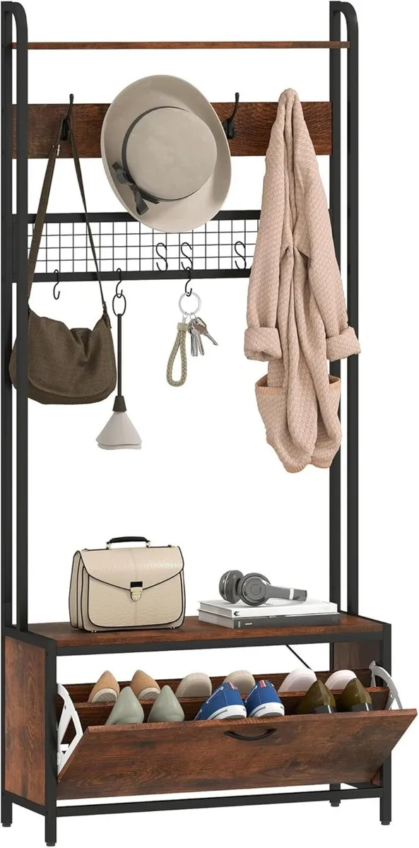 Coat Rack with Shoe Storage Bench and Grid Panel - Image 1
