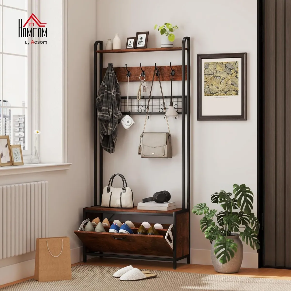 Coat Rack with Shoe Storage Bench and Grid Panel - Image 2