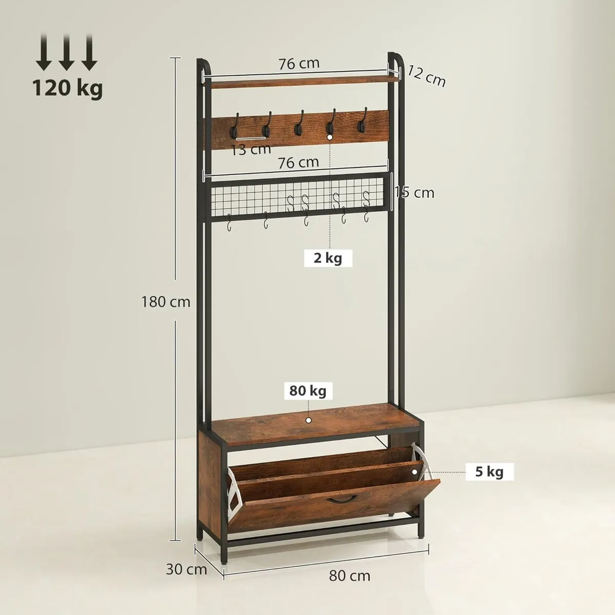 Coat Rack with Shoe Storage Bench and Grid Panel - Image 3