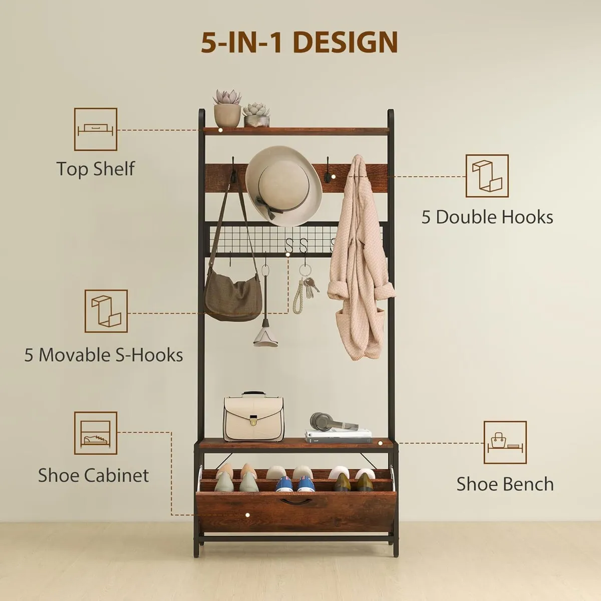 Coat Rack with Shoe Storage Bench and Grid Panel - Image 4
