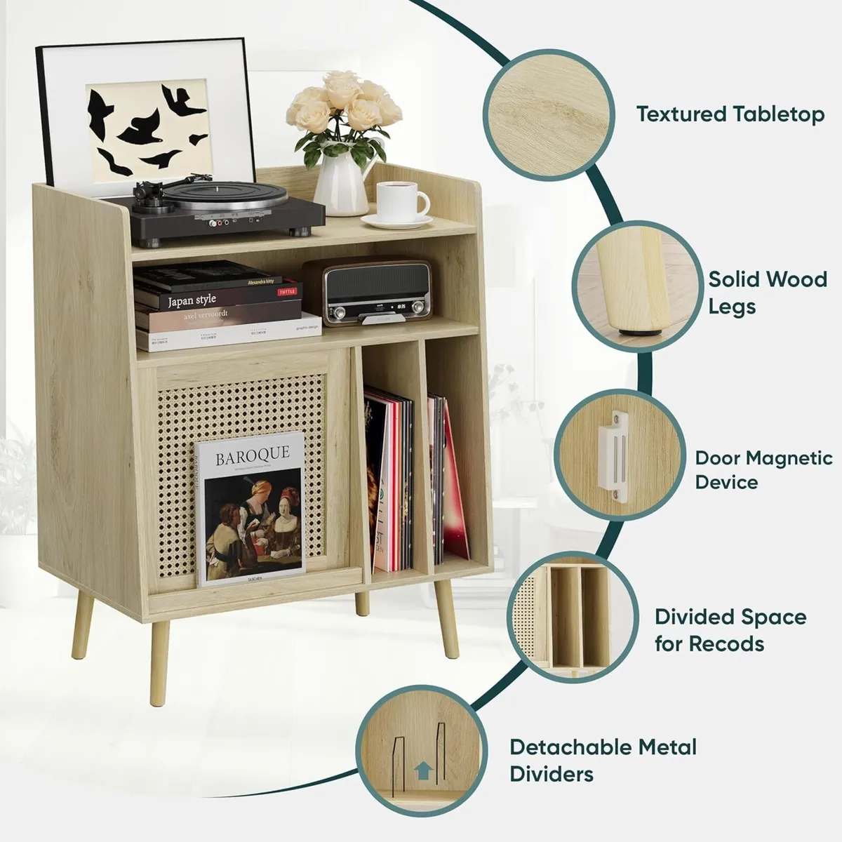 Record Player Stand with Vinyl Storage Table - Image 3