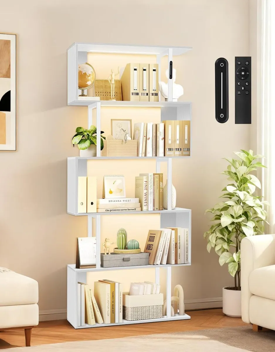 6 Tier S-Shaped Geometric Bookcase with LED Light - Image 1