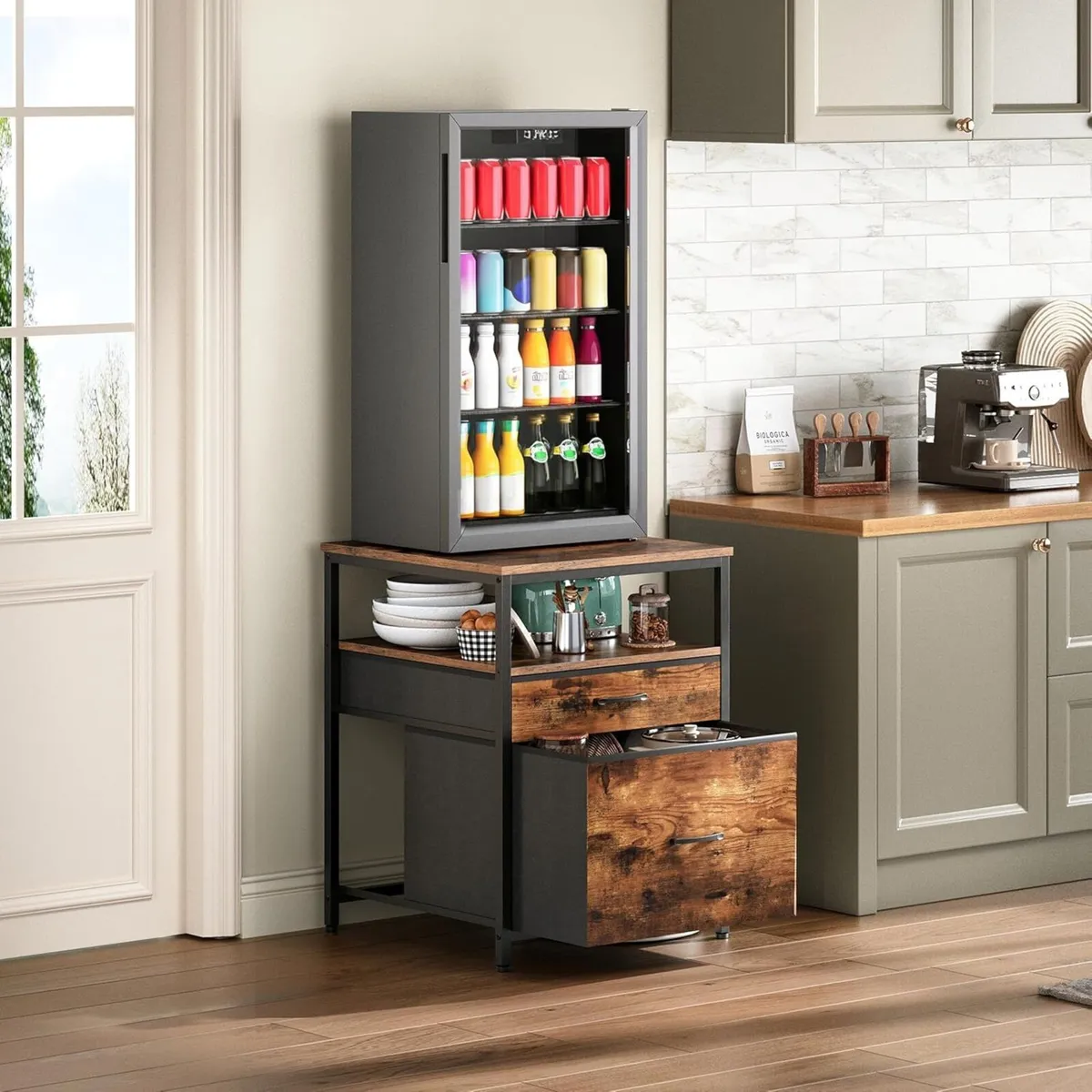 Mini Fridge Stand with 3 Storage Cabinet Beverage - Image 1