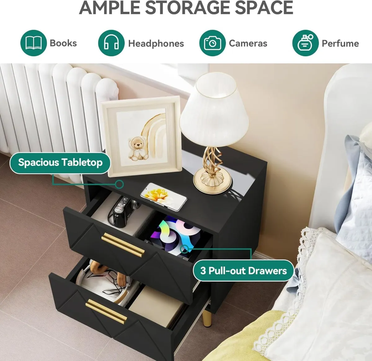 2-Drawer Bedside Table Set of 2 Small Storage - Image 4