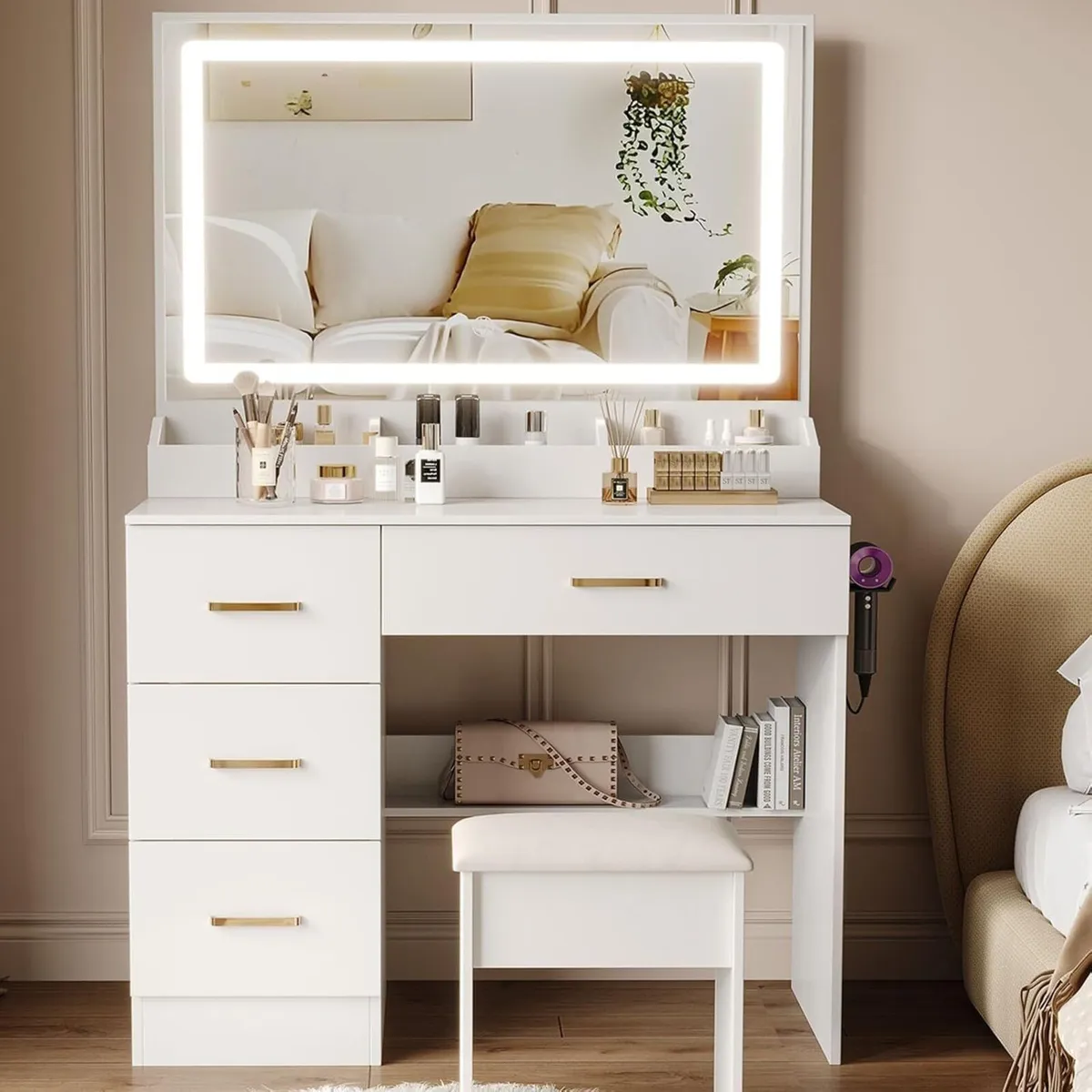 Dressing Table with Mirror and Stool: Vanity Desk - Image 1