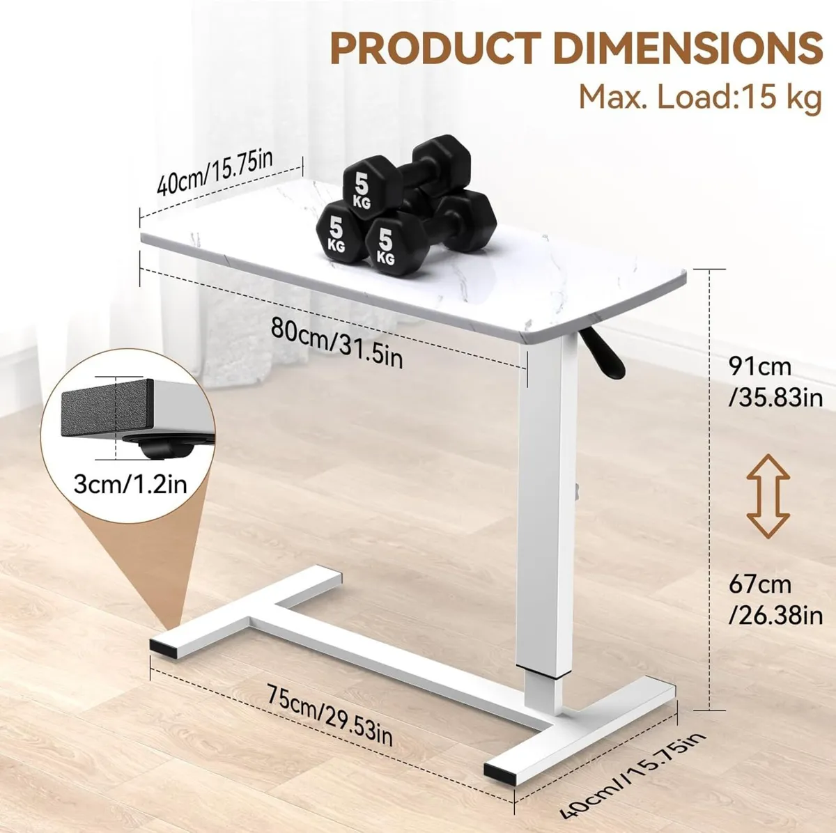 Overbed Bedside Table with Wheels 80x40cmx67-91cm - Image 3