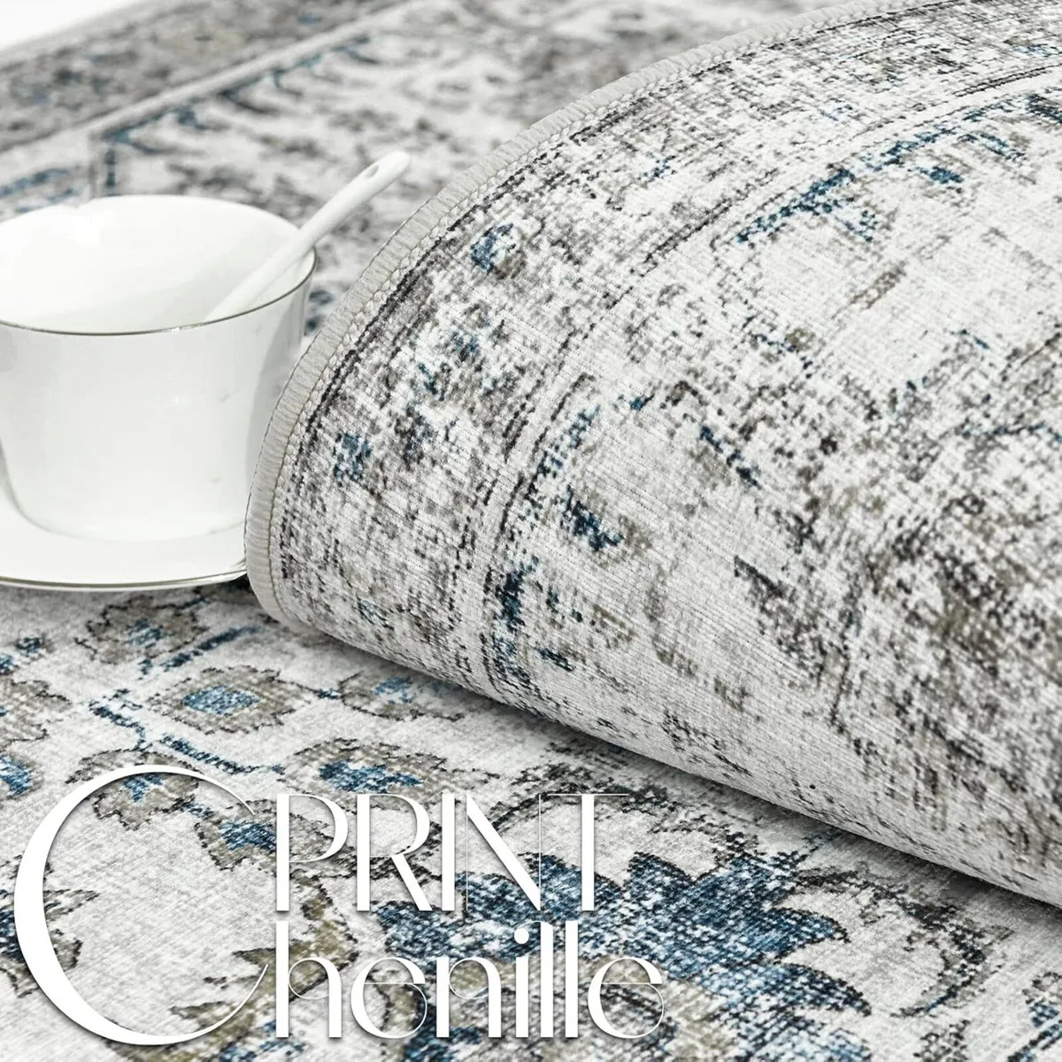 Large Rug 270x365cm Washable Vintage Boho Blue - Image 3