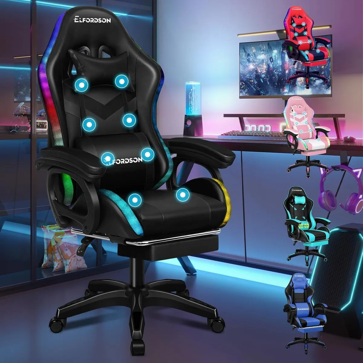 LED Gaming Chair with 8-Point Massage Home Office - Image 1