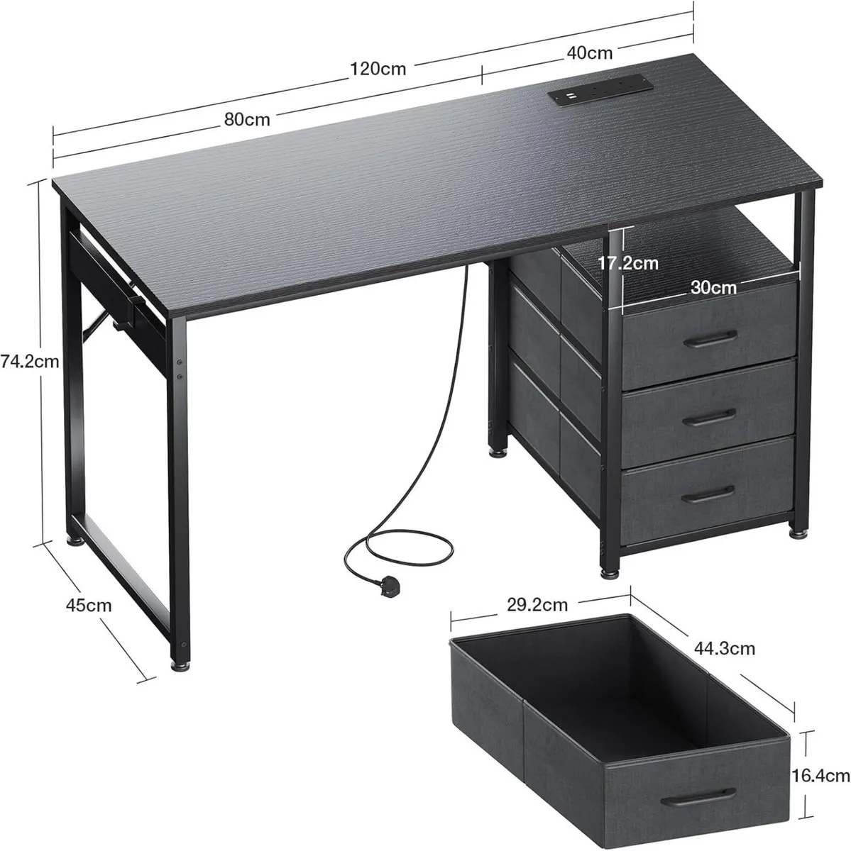 120cm Computer Desk with Drawers Office 2 Sockets - Image 3