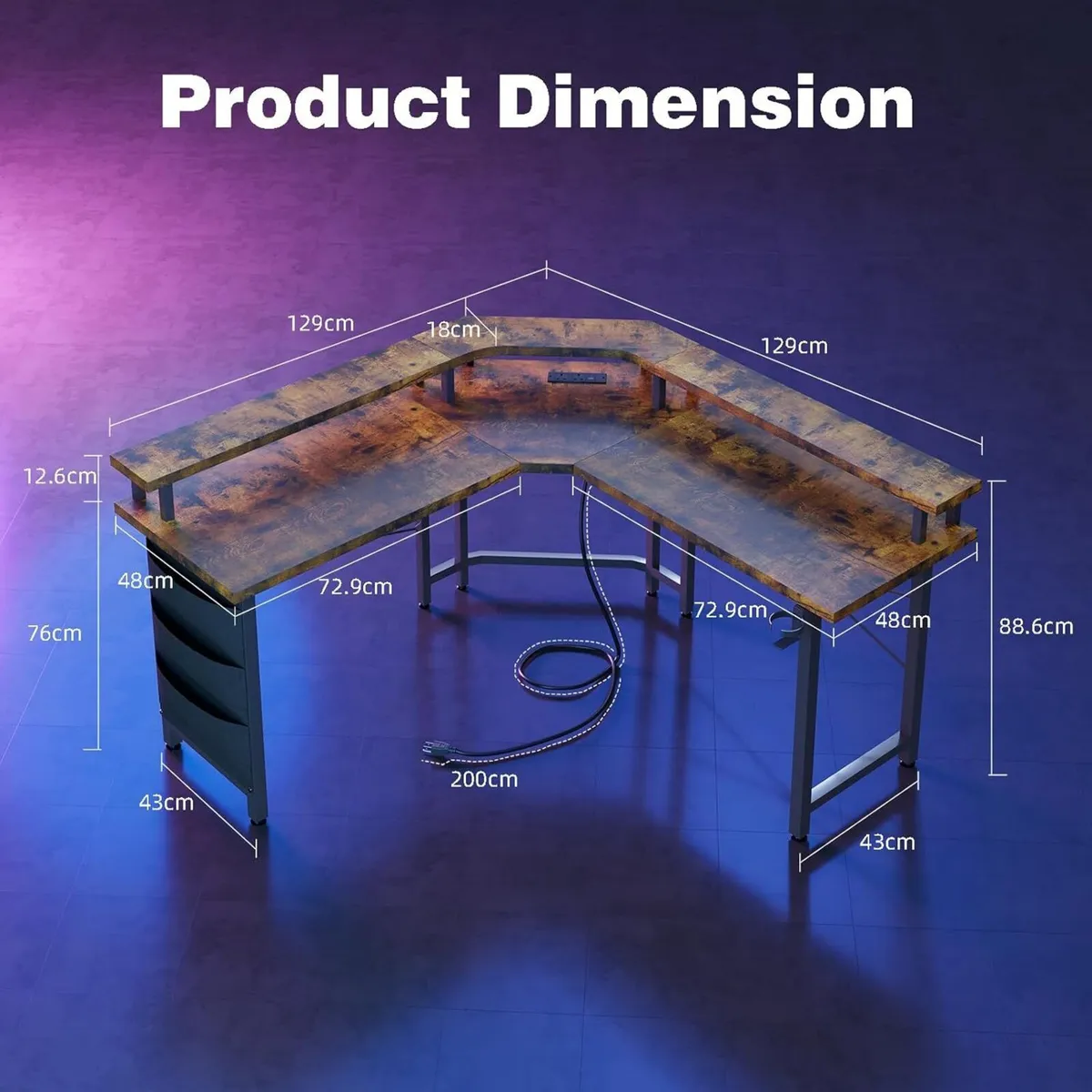 Computer Desk with Power Outlets LED Strip 50.8 - Image 2