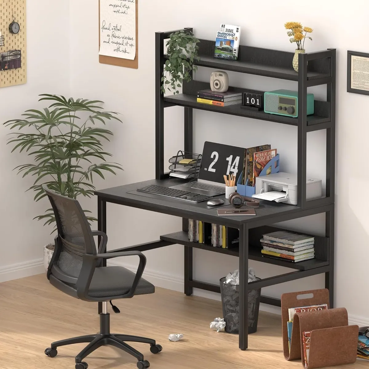 Black Desk with Shelves 120 cm Computer 3-Tier - Image 2