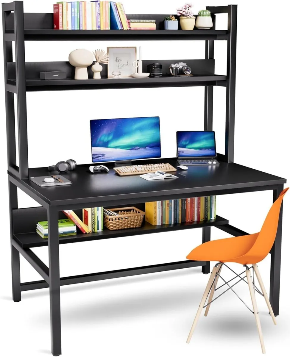 Black Desk with Shelves 120 cm Computer 3-Tier - Image 1