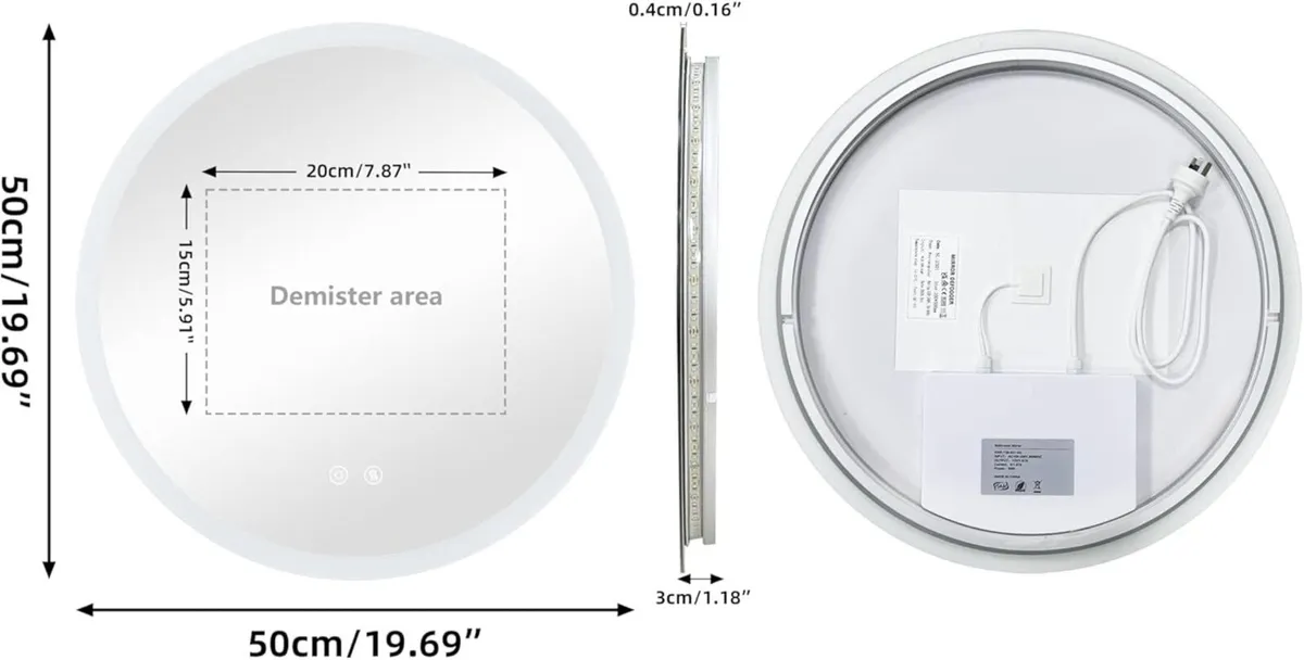 Bathroom Mirror with LED Lights: 500mm Round - Image 2