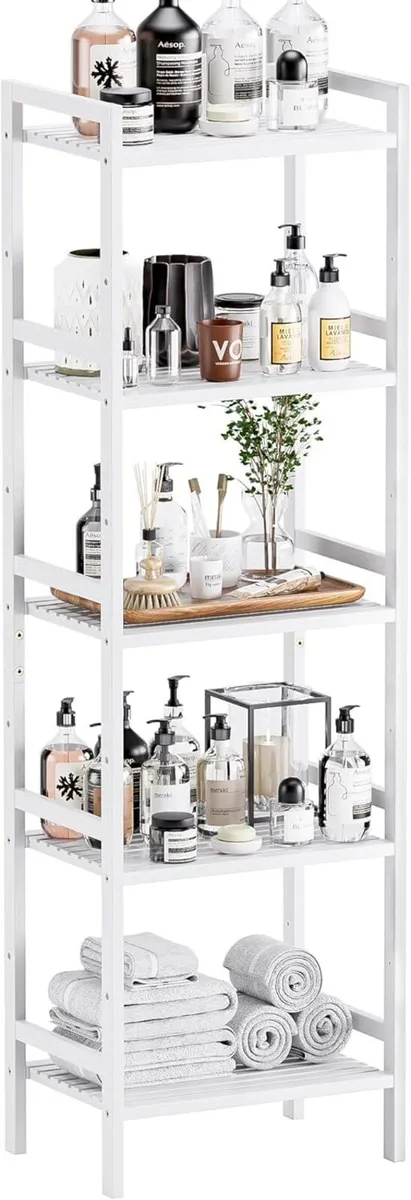 White Bamboo Bookshelf Tall Narrow Bookcase - Image 1